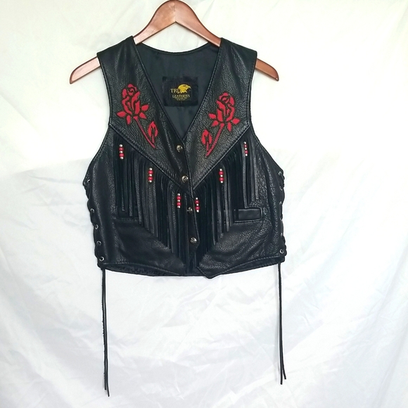 TRD Vintage Leather Vest With Roses and Beaded Fringe, Women Size Large. - Picture 13 of 16